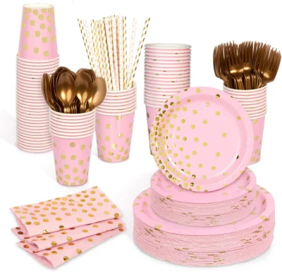 Decorlife Lot de 50 assiettes en papier rose, assiettes de fête et pailles incluses pour les fournitures de fête d'anniversaire rose et or, 400 pièces au total